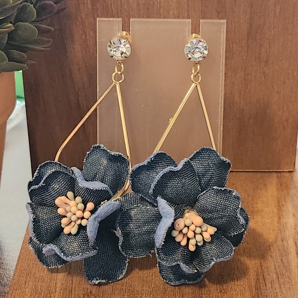 Blue Denim Flower Statement Drop Earrings Gold Tone Crystal Post Dangle Boho